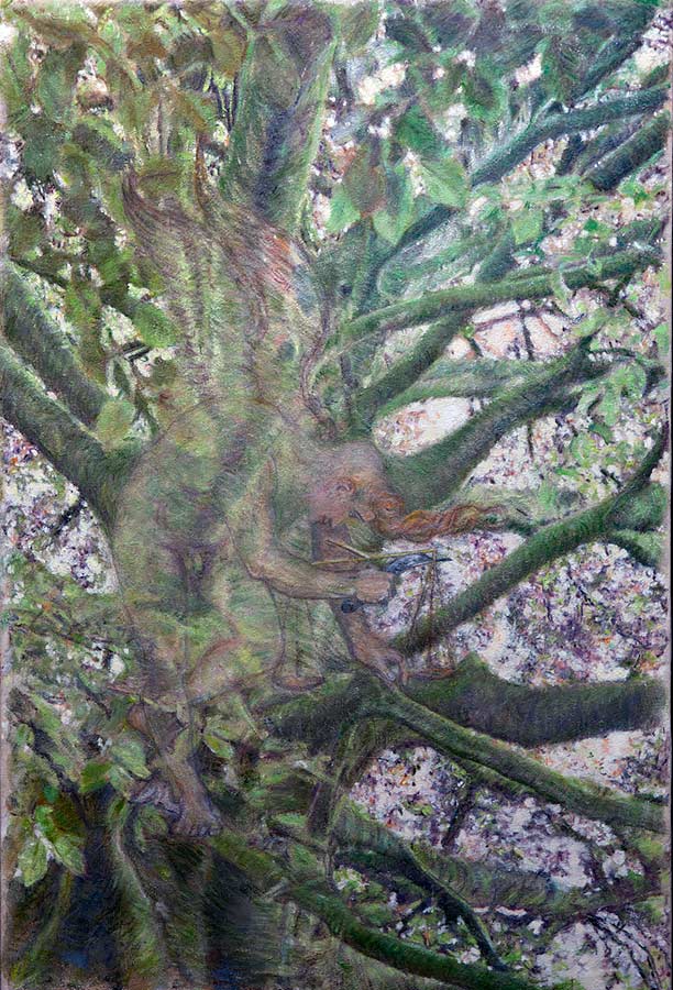 De God Kairos in een beukenboom - gemengde techniek olieverf op doek - 145cm x 96cm - 2019